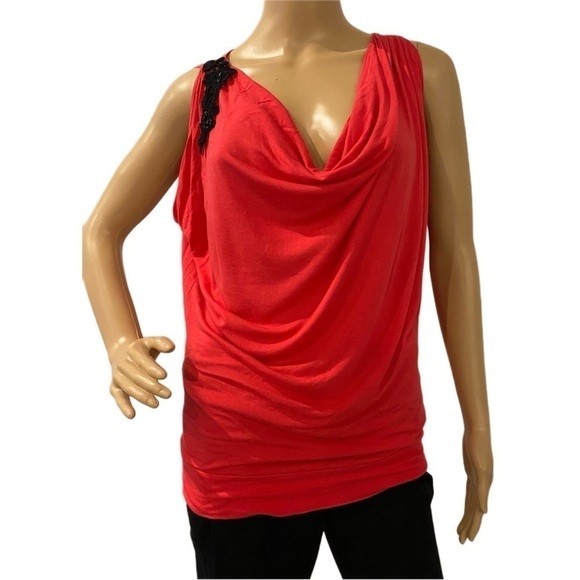 ⭐️ Express Pink Sleeveless Blouse w/ Cowl Neck Black Floral Applique size small - Picture 1 of 10